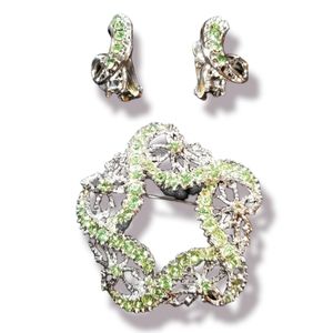 Vintage Green & Clear Rhinestone Brooch & Earrings Set